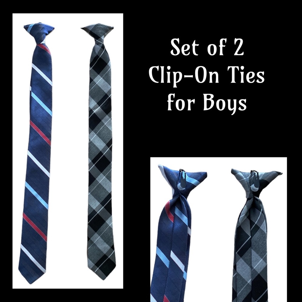 Set of 2 Boys Clip On Ties for Formal Events—Striped & Plaid New Without Tags